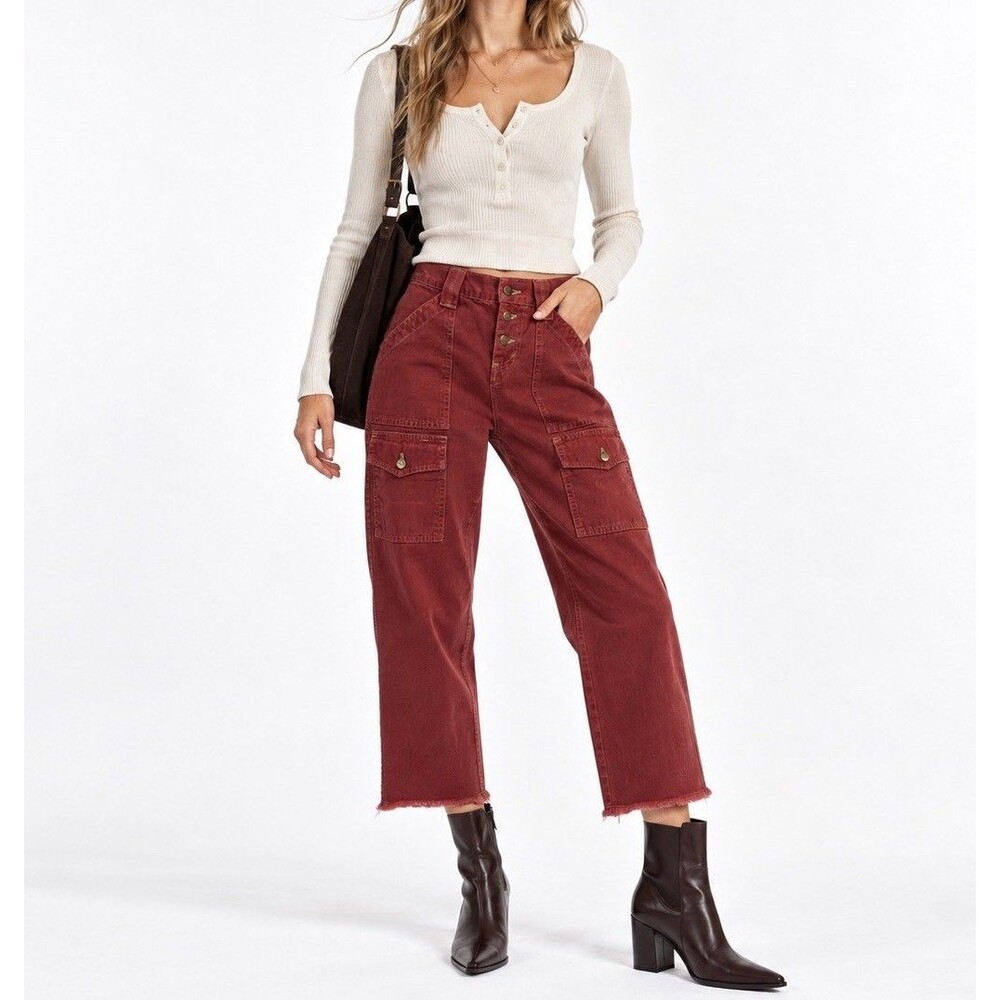 Joie Park Cargo Pants 29 Burgundy Mid Rise Cropped Raw Hem Pockets Utility Jeans